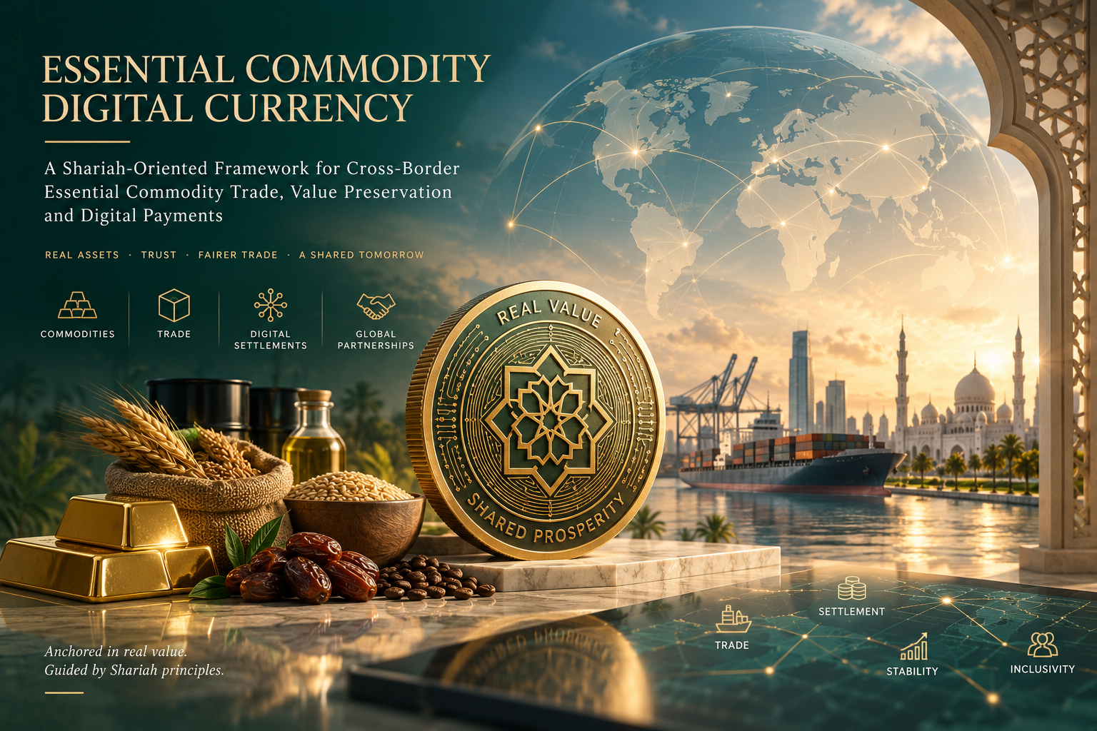 Essential Commodity Digital Currency concept: commodities, trade and digital settlement